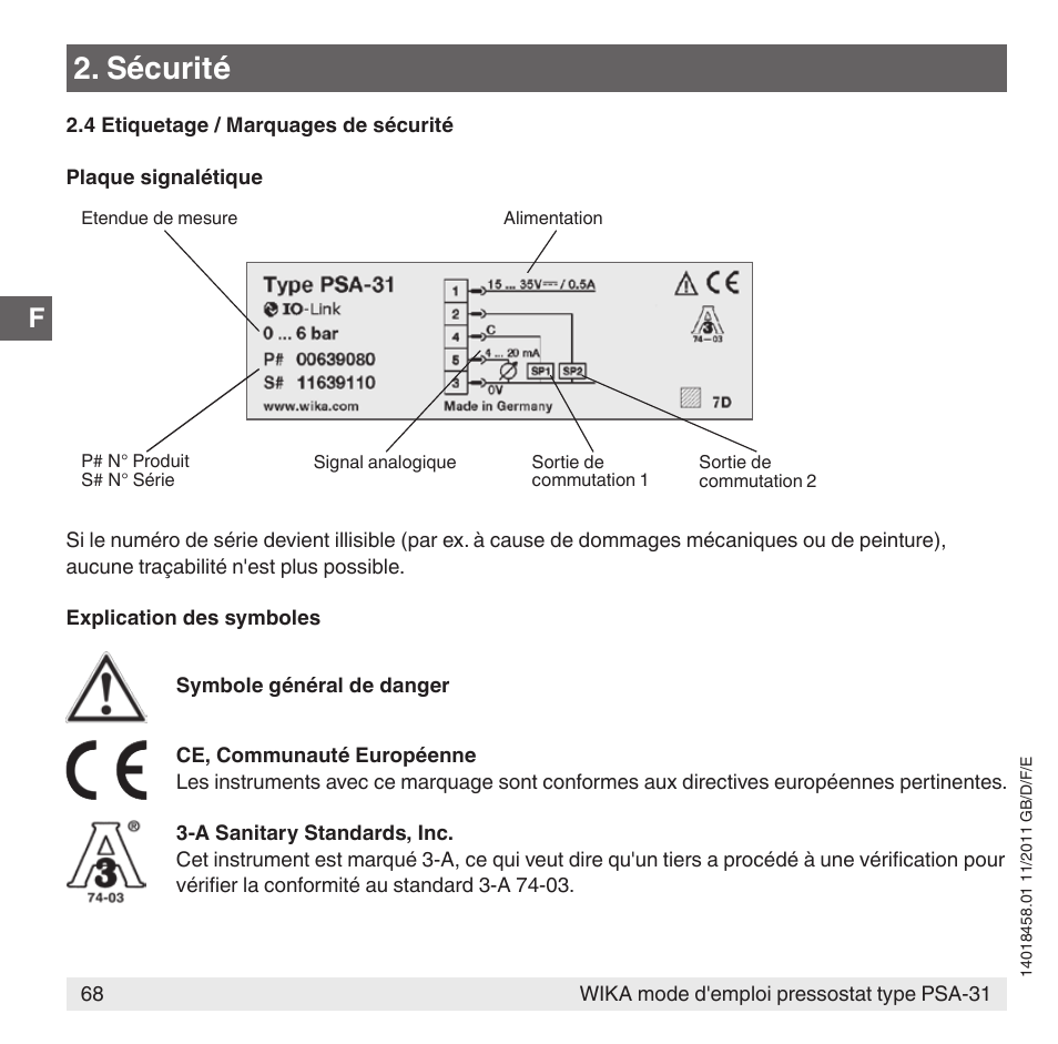 Sécurité | WIKA PSA-31 User Manual | Page 68 / 124