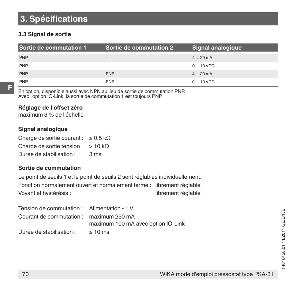 Spécifications | WIKA PSA-31 User Manual | Page 70 / 124