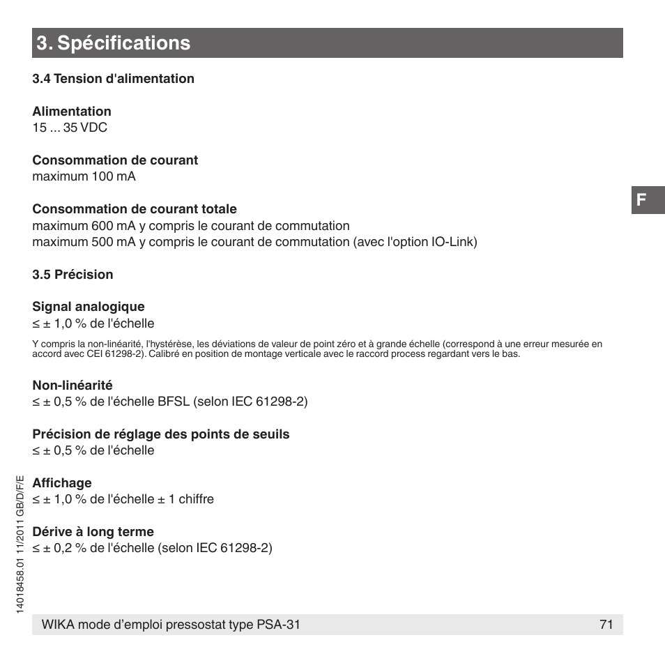 Spécifications | WIKA PSA-31 User Manual | Page 71 / 124