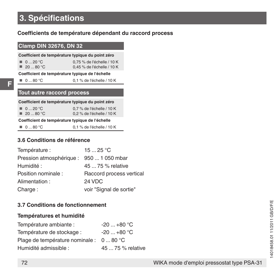 Spécifications | WIKA PSA-31 User Manual | Page 72 / 124