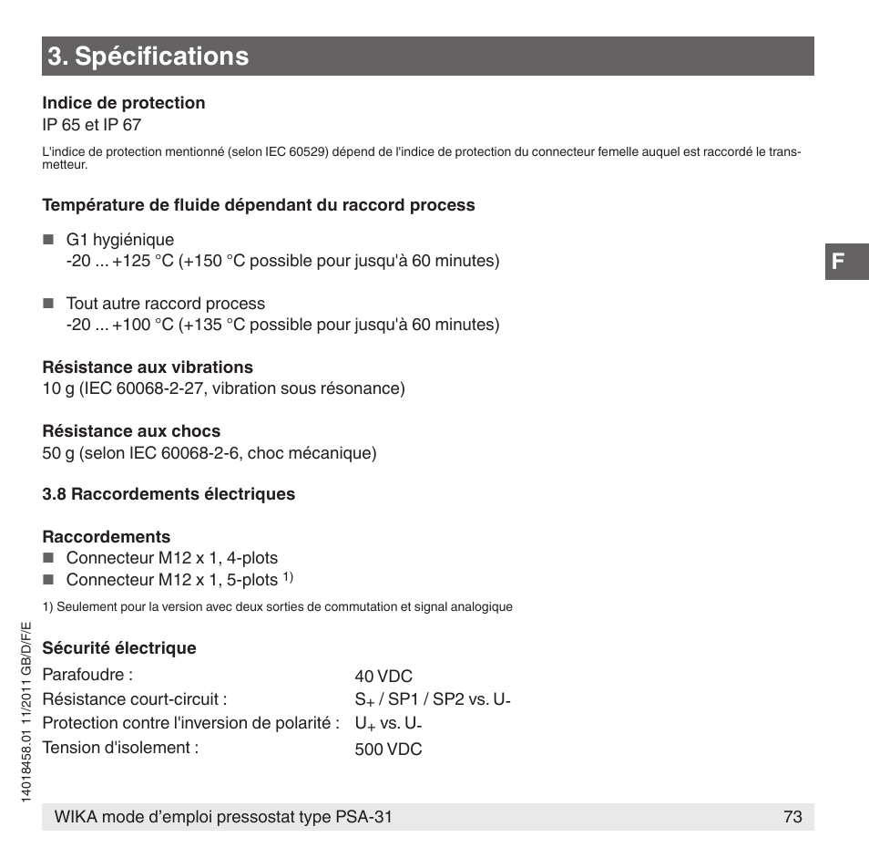 Spécifications | WIKA PSA-31 User Manual | Page 73 / 124