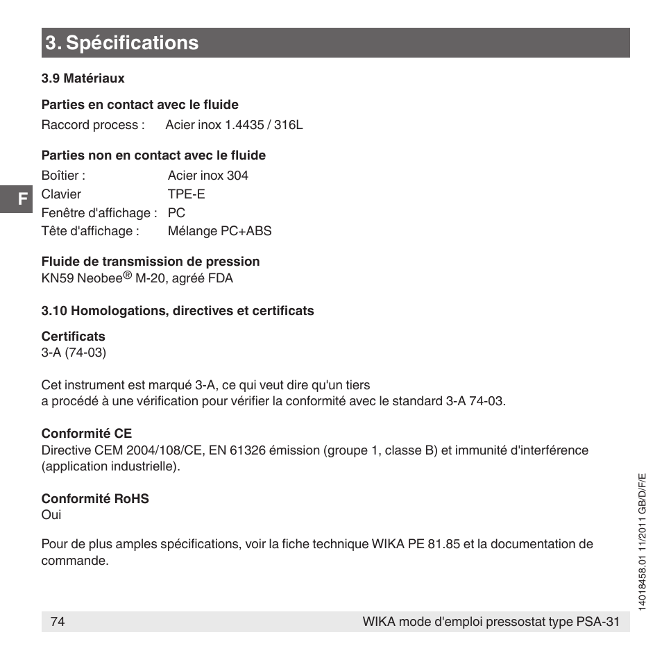 Spécifications | WIKA PSA-31 User Manual | Page 74 / 124