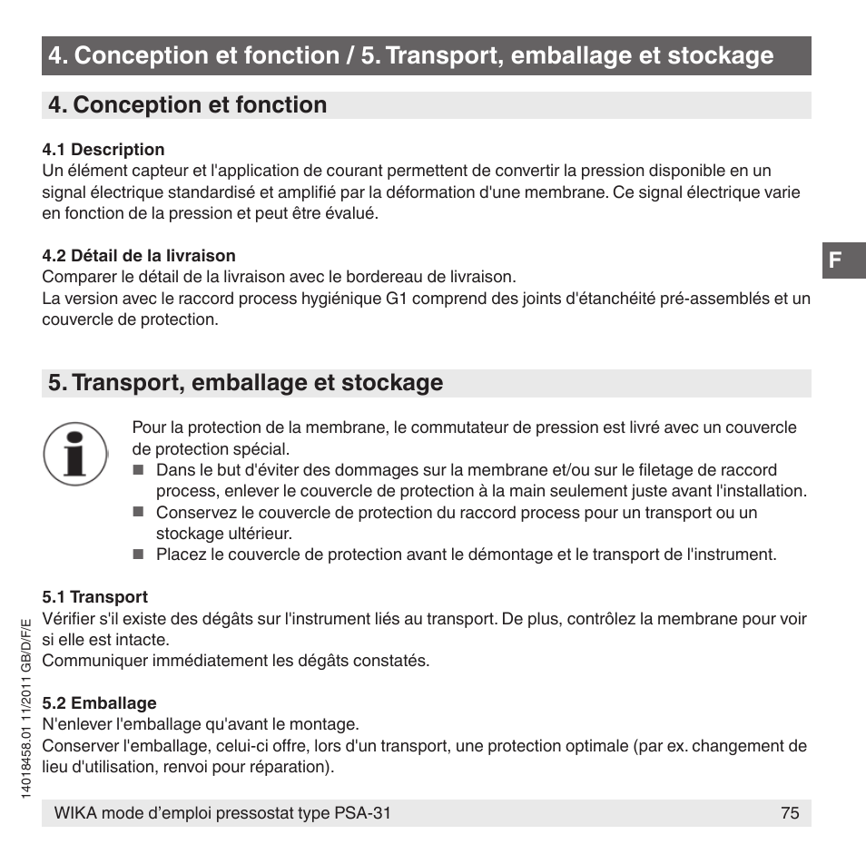 Conception et fonction, Transport, emballage et stockage | WIKA PSA-31 User Manual | Page 75 / 124