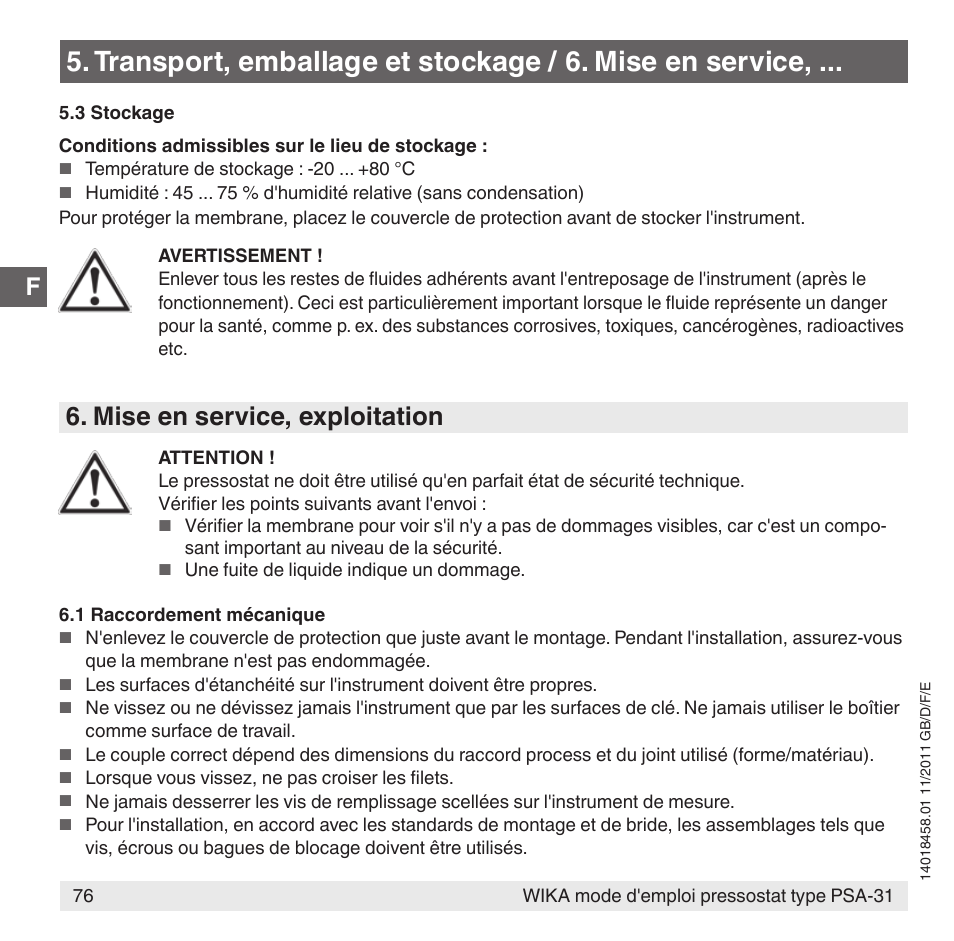 Mise en service, exploitation | WIKA PSA-31 User Manual | Page 76 / 124