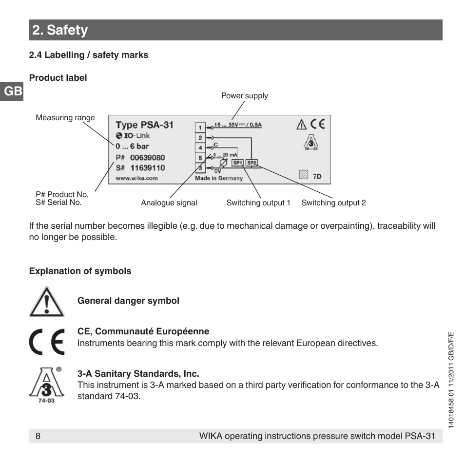 Safety | WIKA PSA-31 User Manual | Page 8 / 124