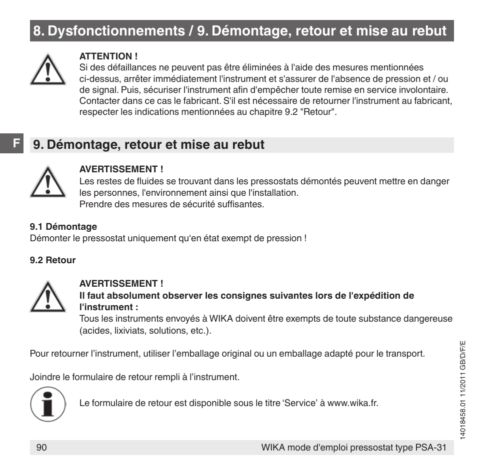 Démontage, retour et mise au rebut | WIKA PSA-31 User Manual | Page 90 / 124