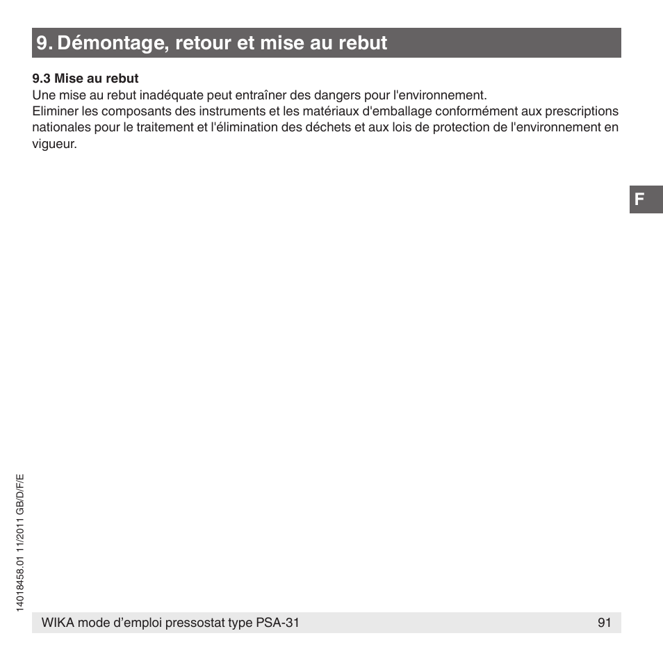 Démontage, retour et mise au rebut | WIKA PSA-31 User Manual | Page 91 / 124