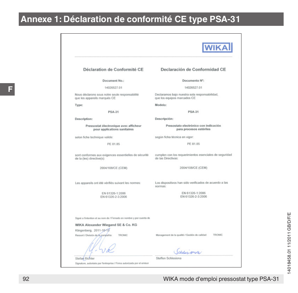 Annexe 1: déclaration de conformité ce type psa-31 | WIKA PSA-31 User Manual | Page 92 / 124