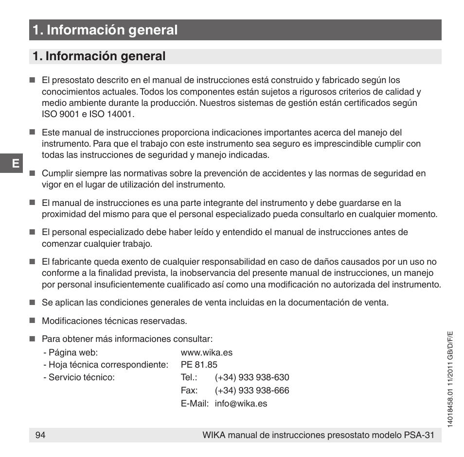 Información general | WIKA PSA-31 User Manual | Page 94 / 124