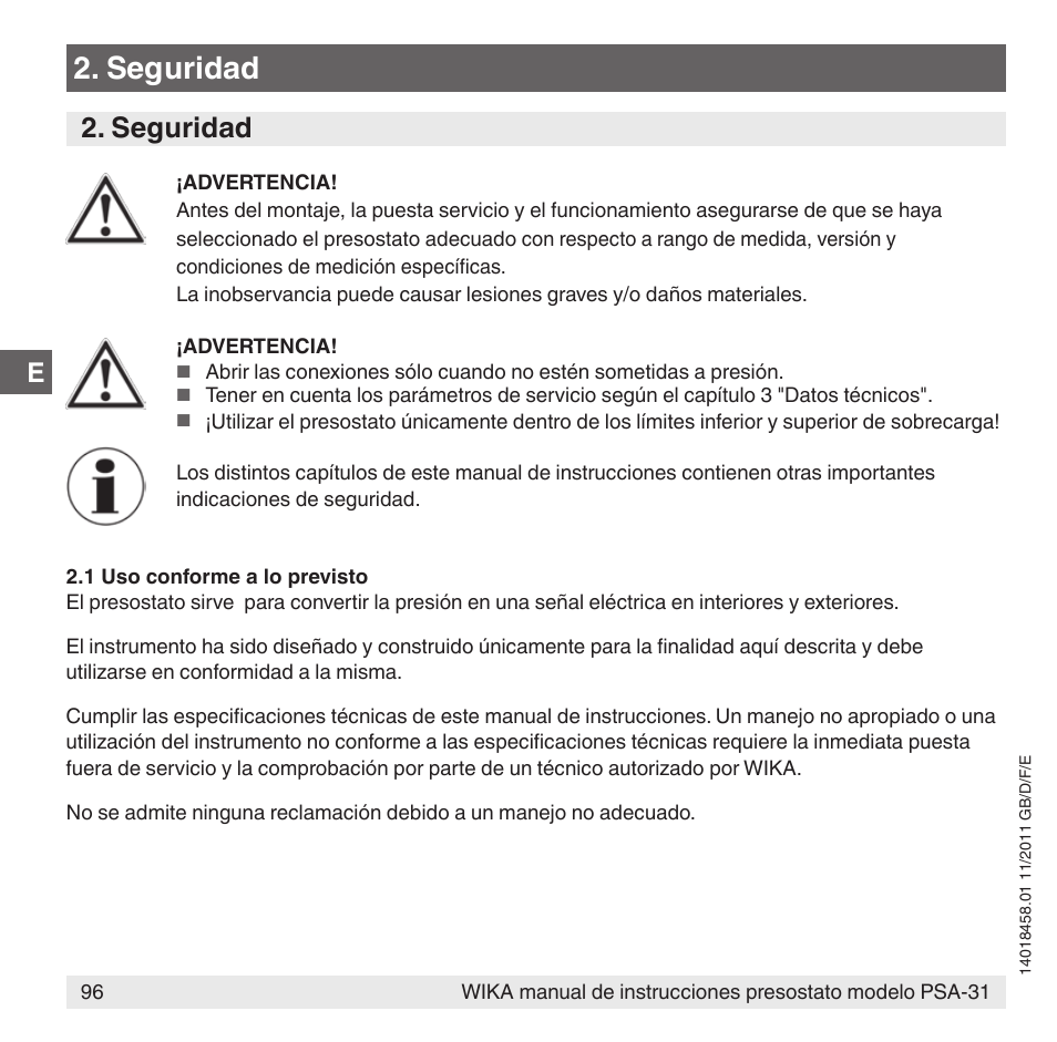 Seguridad | WIKA PSA-31 User Manual | Page 96 / 124