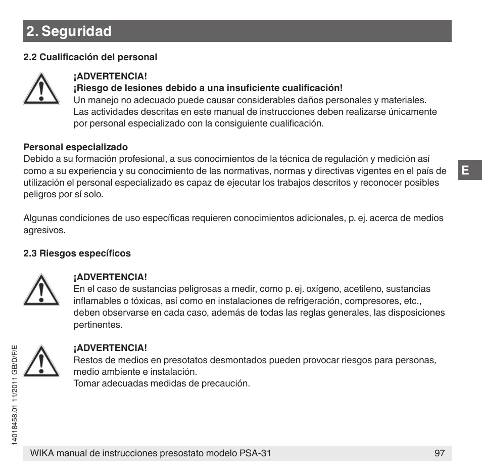 Seguridad | WIKA PSA-31 User Manual | Page 97 / 124