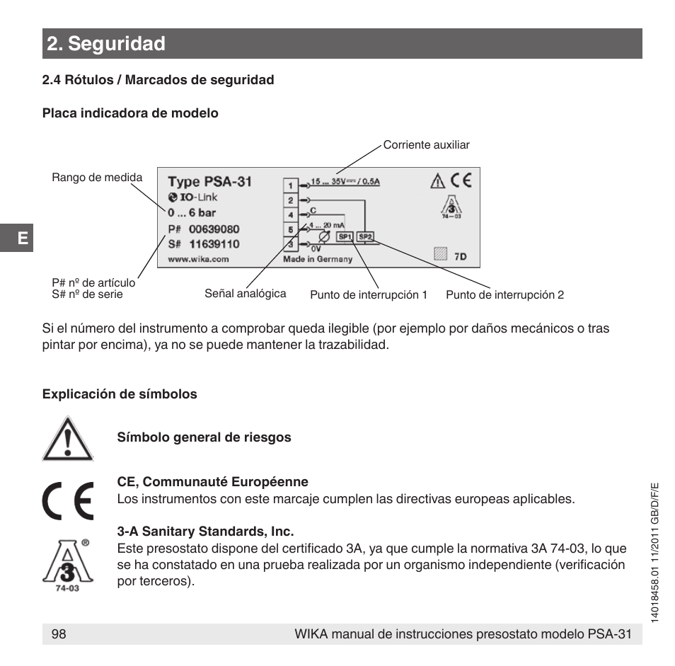 Seguridad | WIKA PSA-31 User Manual | Page 98 / 124