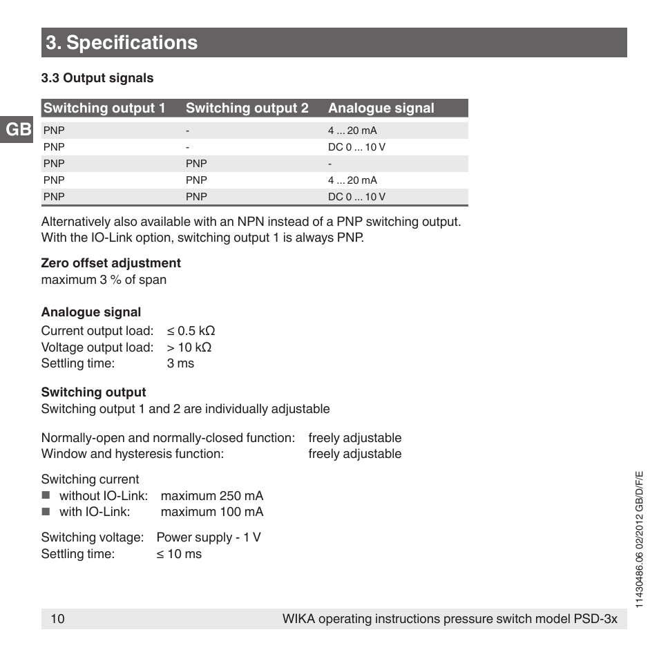 Specifications | WIKA PSD-31 User Manual | Page 10 / 128