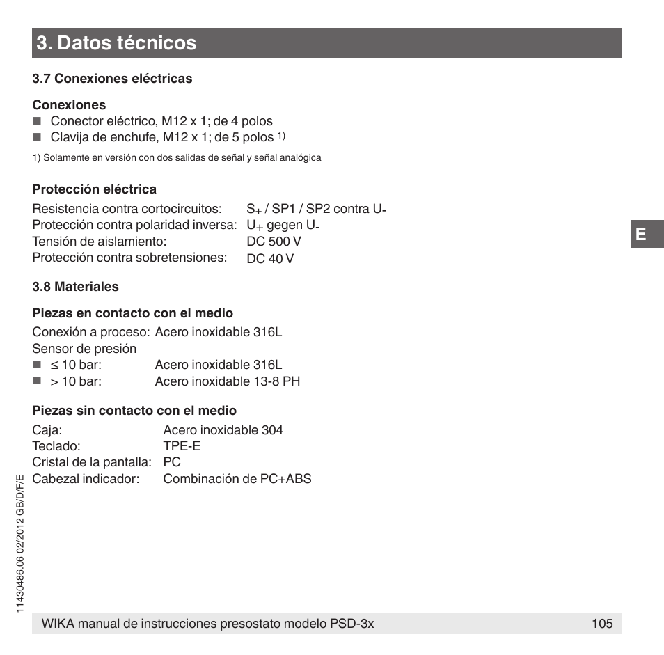 Datos técnicos | WIKA PSD-31 User Manual | Page 105 / 128