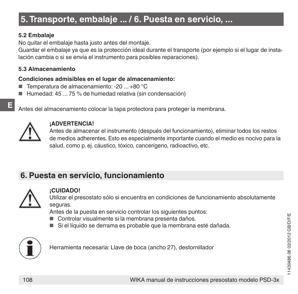 Transporte, embalaje ... / 6. puesta en servicio, Puesta en servicio, funcionamiento | WIKA PSD-31 User Manual | Page 108 / 128
