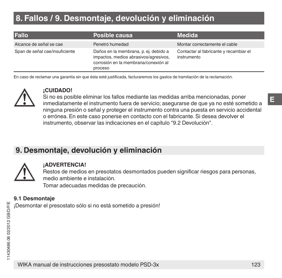 Fallos / 9. desmontaje, devolución y eliminación, Desmontaje, devolución y eliminación | WIKA PSD-31 User Manual | Page 123 / 128