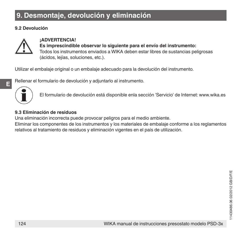 Desmontaje, devolución y eliminación | WIKA PSD-31 User Manual | Page 124 / 128