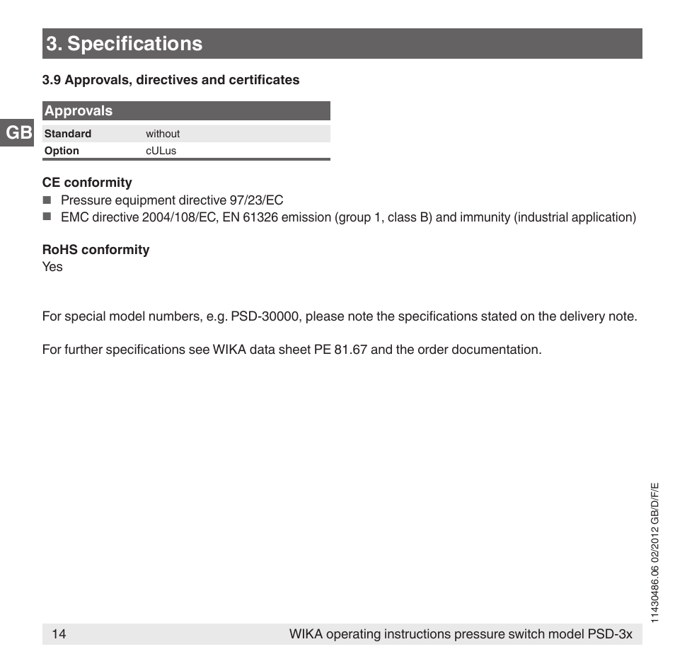 Specifications | WIKA PSD-31 User Manual | Page 14 / 128