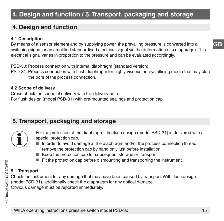 Design and function, Transport, packaging and storage | WIKA PSD-31 User Manual | Page 15 / 128