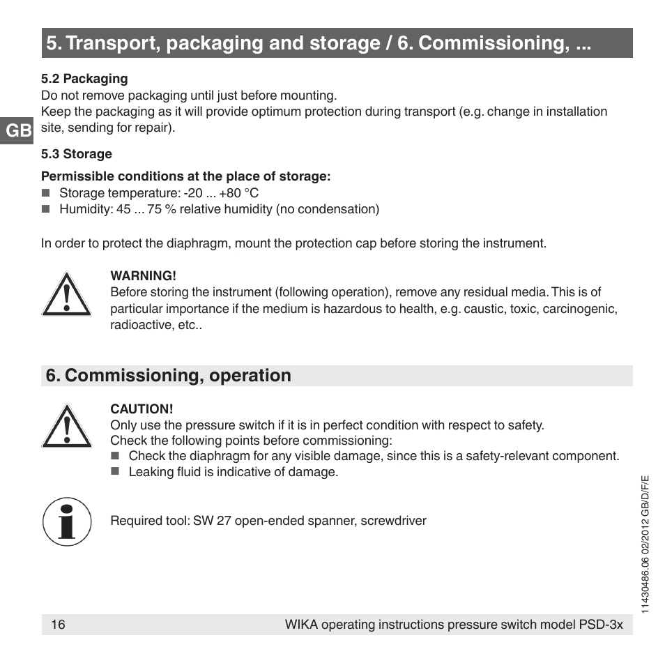 Commissioning, operation | WIKA PSD-31 User Manual | Page 16 / 128