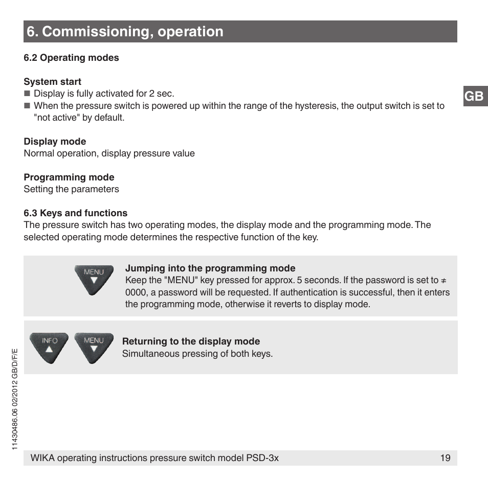 Commissioning, operation | WIKA PSD-31 User Manual | Page 19 / 128