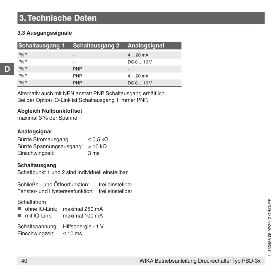 Technische daten | WIKA PSD-31 User Manual | Page 40 / 128