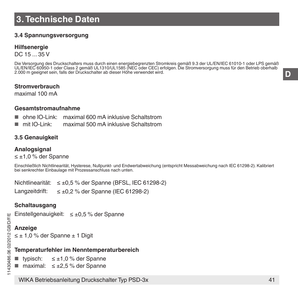 Technische daten | WIKA PSD-31 User Manual | Page 41 / 128