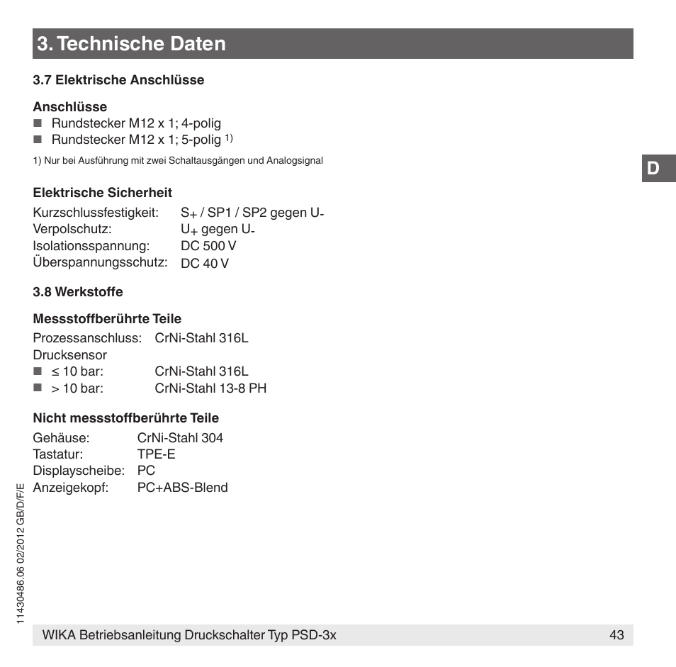 Technische daten | WIKA PSD-31 User Manual | Page 43 / 128