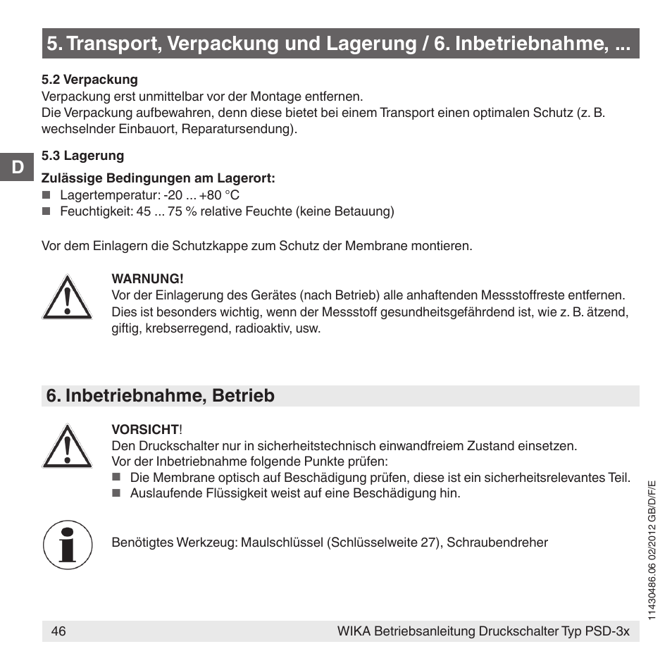 Inbetriebnahme, betrieb | WIKA PSD-31 User Manual | Page 46 / 128