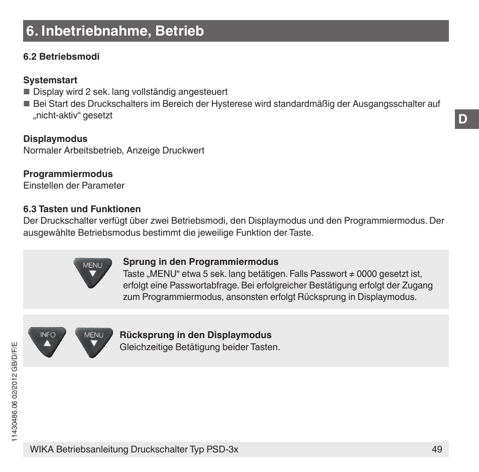 Inbetriebnahme, betrieb | WIKA PSD-31 User Manual | Page 49 / 128