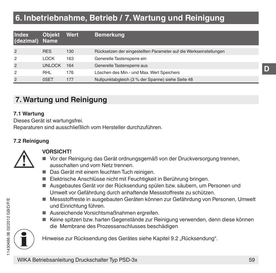 Inbetriebnahme, betrieb / 7. wartung und reinigung, Wartung und reinigung | WIKA PSD-31 User Manual | Page 59 / 128