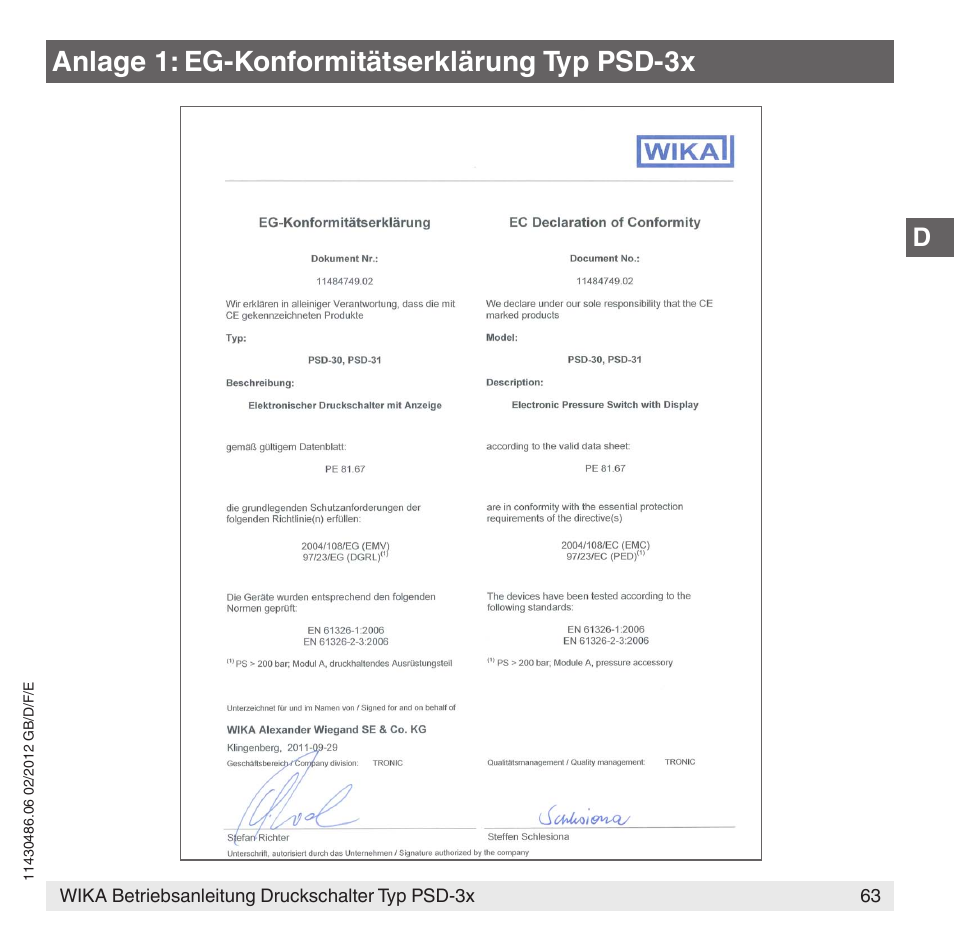 Anlage 1: eg-konformitätserklärung typ psd-3x | WIKA PSD-31 User Manual | Page 63 / 128