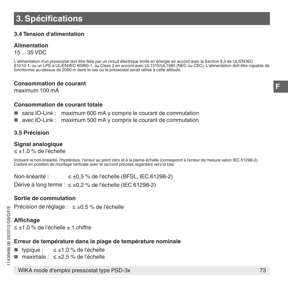 Spécifications | WIKA PSD-31 User Manual | Page 73 / 128