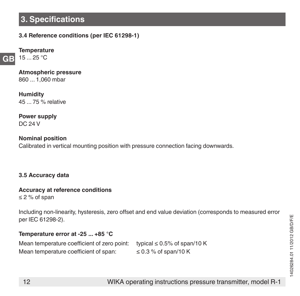 Gb 3. specifications | WIKA R-1 User Manual | Page 12 / 92