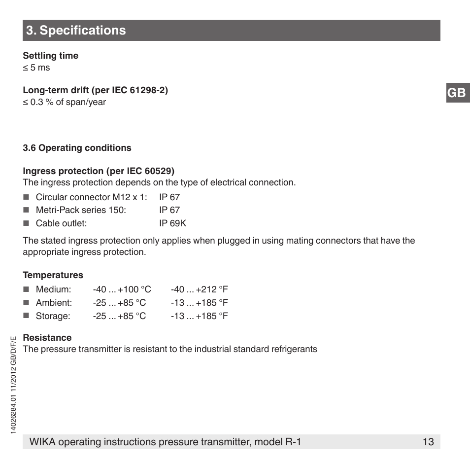 Gb 3. specifications | WIKA R-1 User Manual | Page 13 / 92