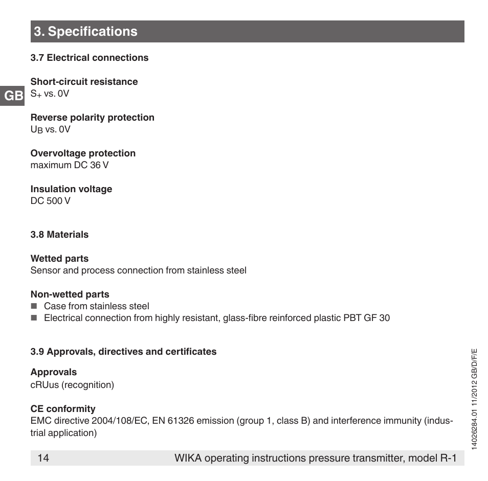 Gb 3. specifications | WIKA R-1 User Manual | Page 14 / 92