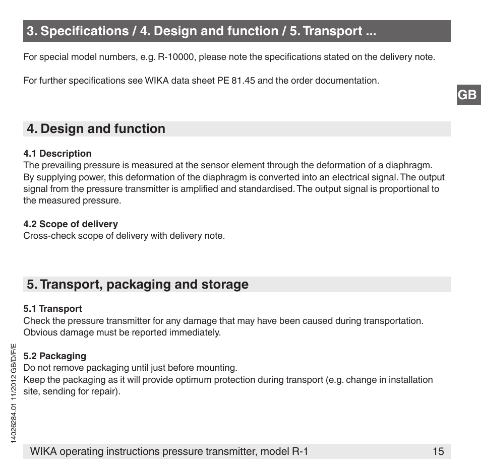 Design and function, Transport, packaging and storage | WIKA R-1 User Manual | Page 15 / 92