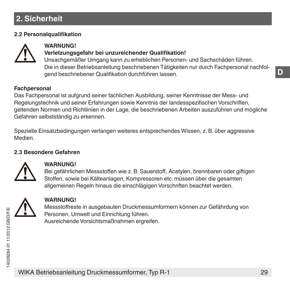 Sicherheit | WIKA R-1 User Manual | Page 29 / 92