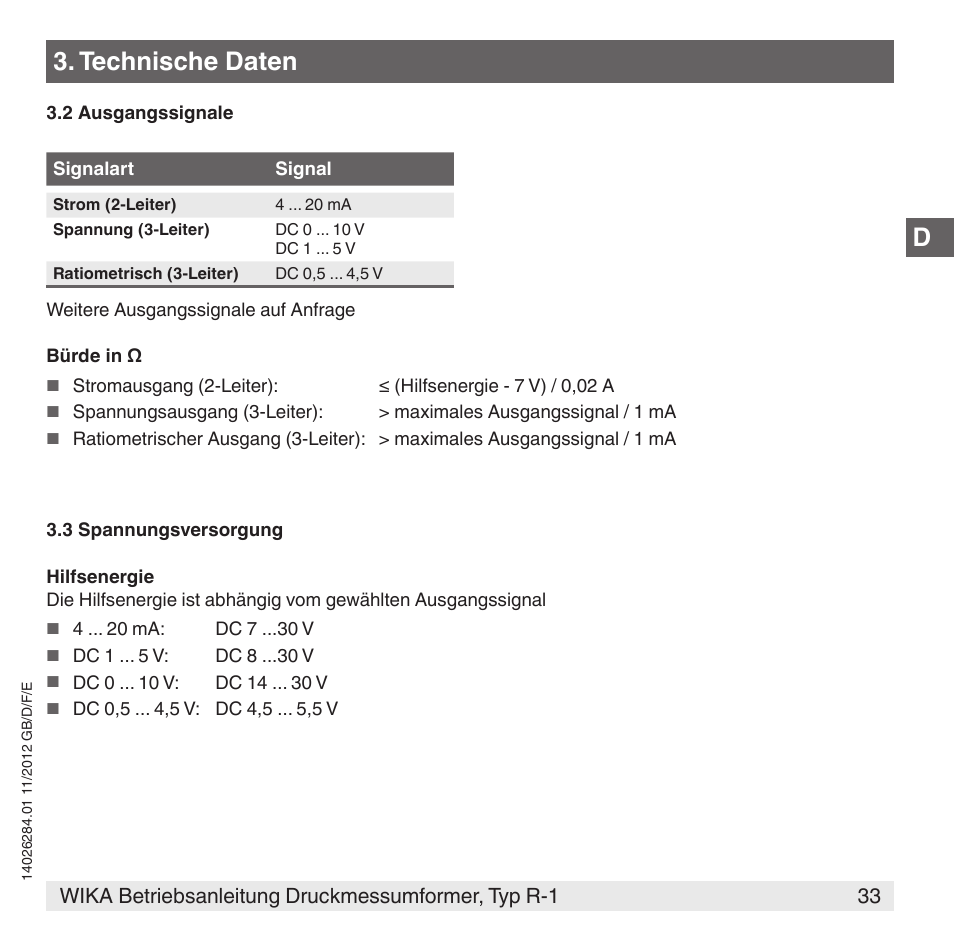 Technische daten | WIKA R-1 User Manual | Page 33 / 92