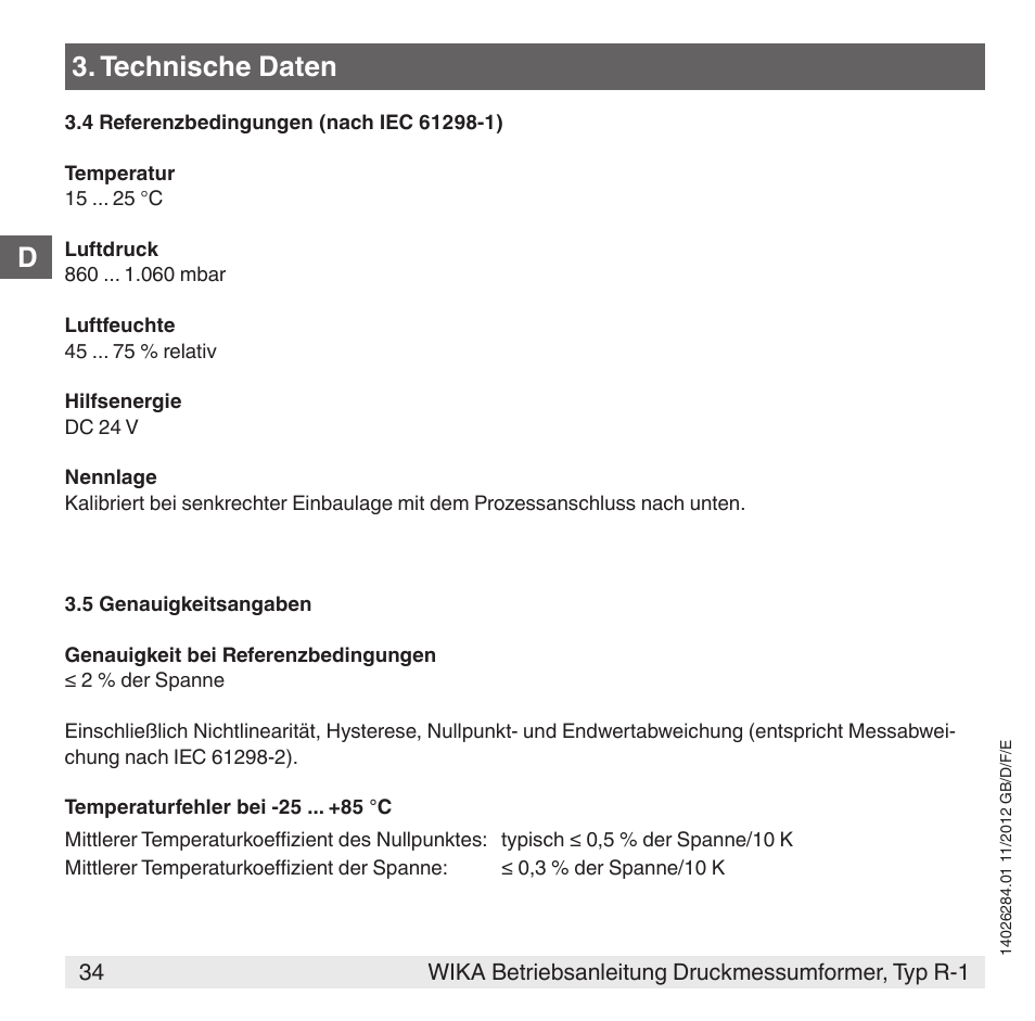 Technische daten | WIKA R-1 User Manual | Page 34 / 92