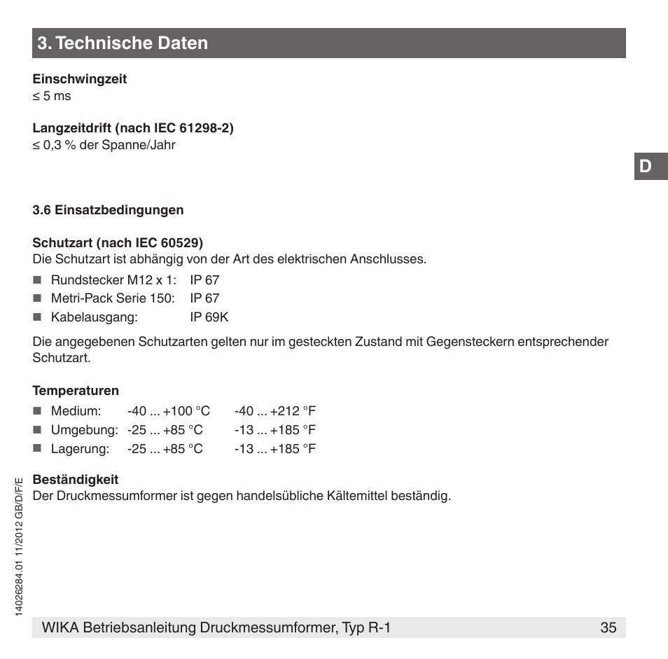 Technische daten | WIKA R-1 User Manual | Page 35 / 92