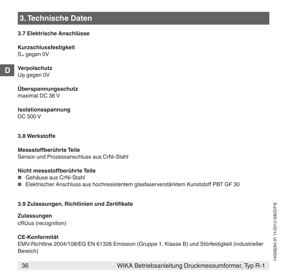 Technische daten | WIKA R-1 User Manual | Page 36 / 92