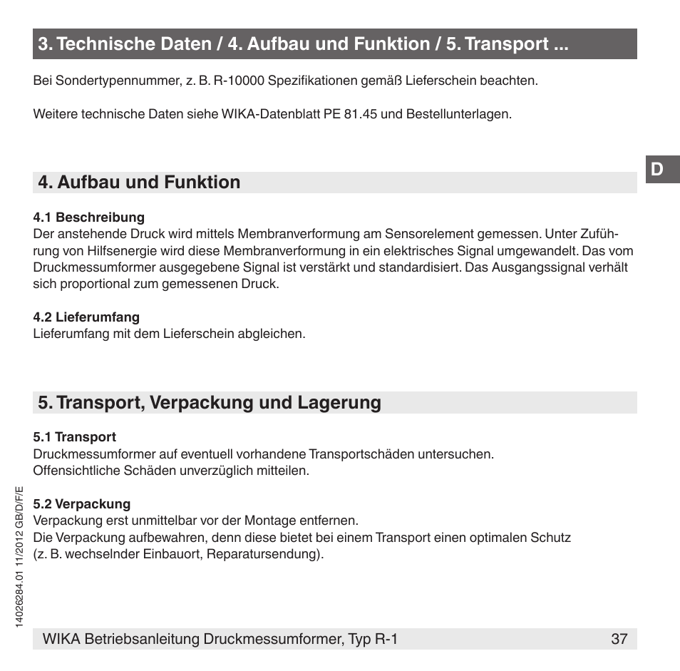 Aufbau und funktion, Transport, verpackung und lagerung | WIKA R-1 User Manual | Page 37 / 92