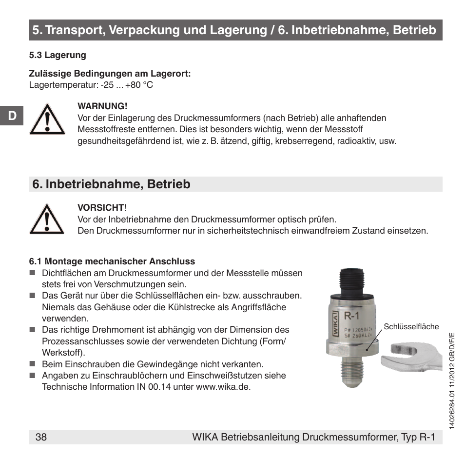 Inbetriebnahme, betrieb | WIKA R-1 User Manual | Page 38 / 92