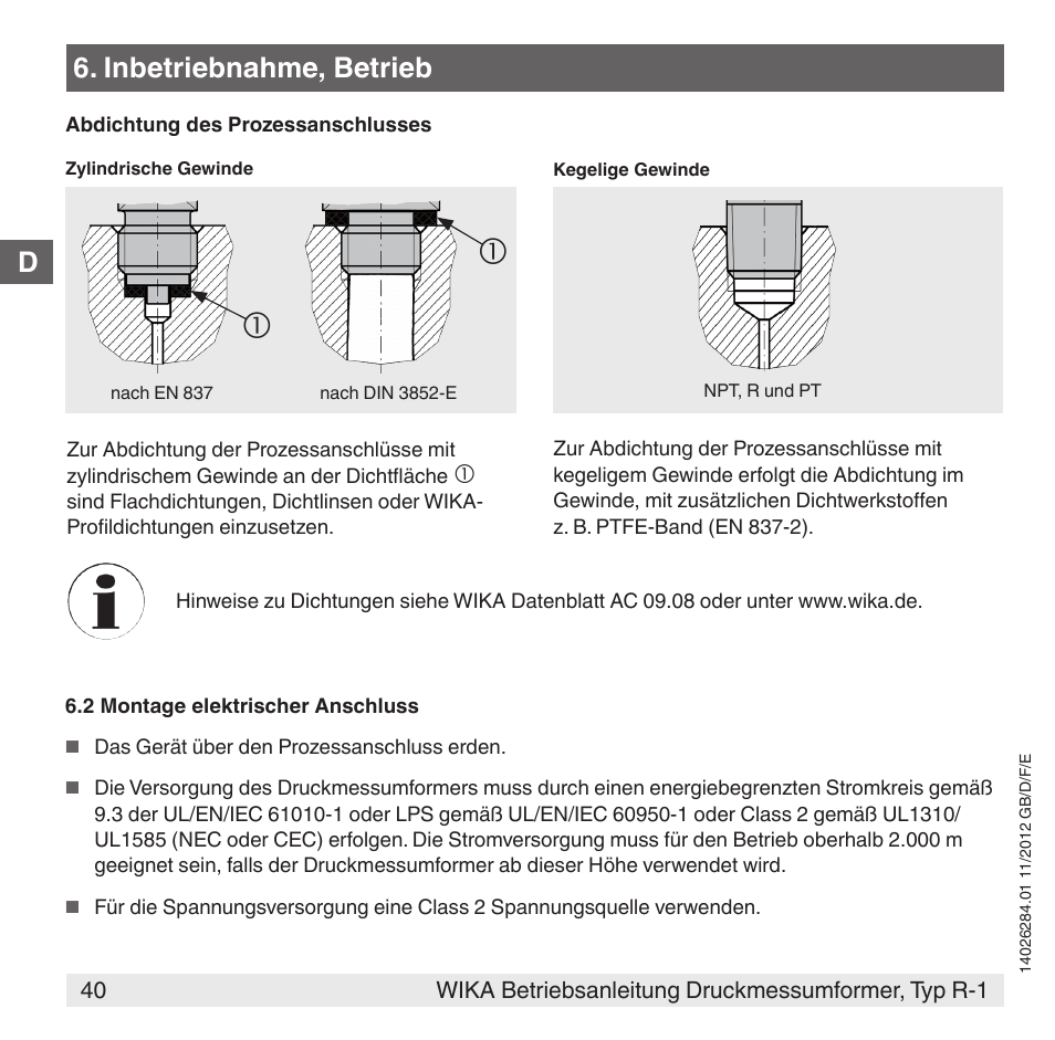 Inbetriebnahme, betrieb | WIKA R-1 User Manual | Page 40 / 92