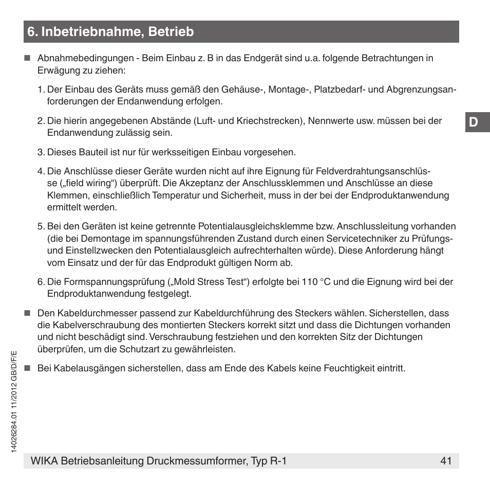 Inbetriebnahme, betrieb | WIKA R-1 User Manual | Page 41 / 92