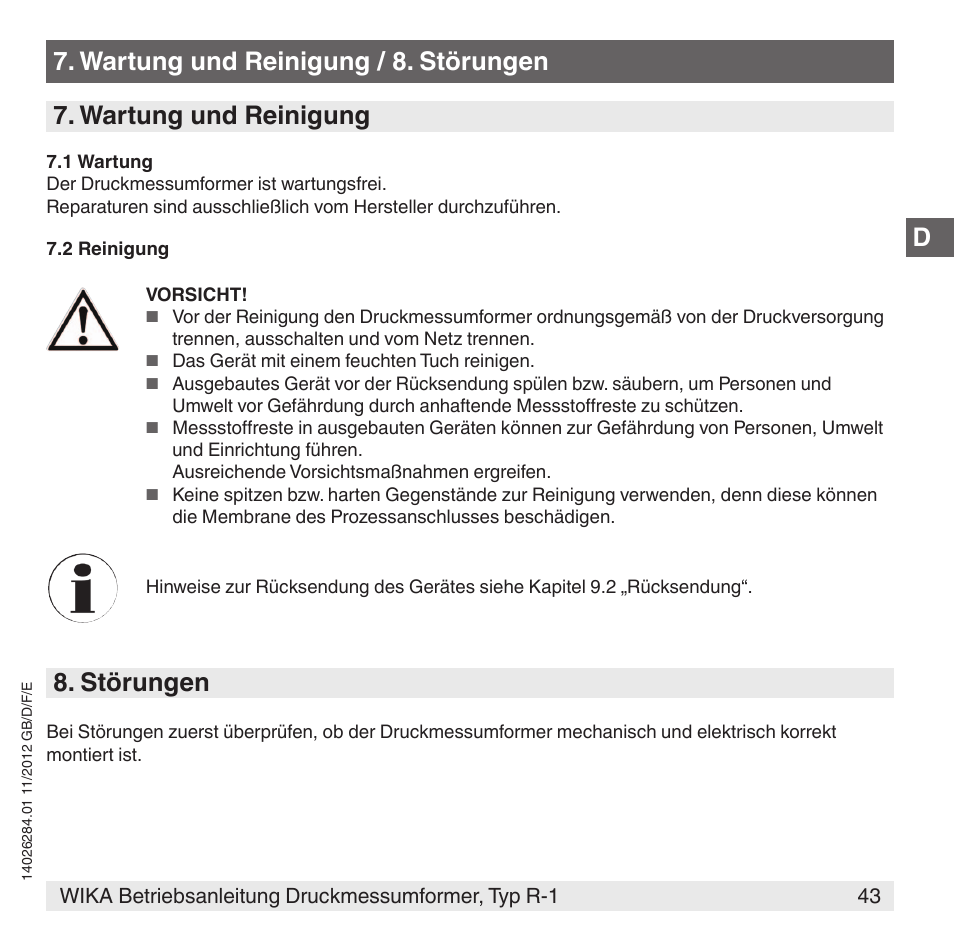 Störungen | WIKA R-1 User Manual | Page 43 / 92