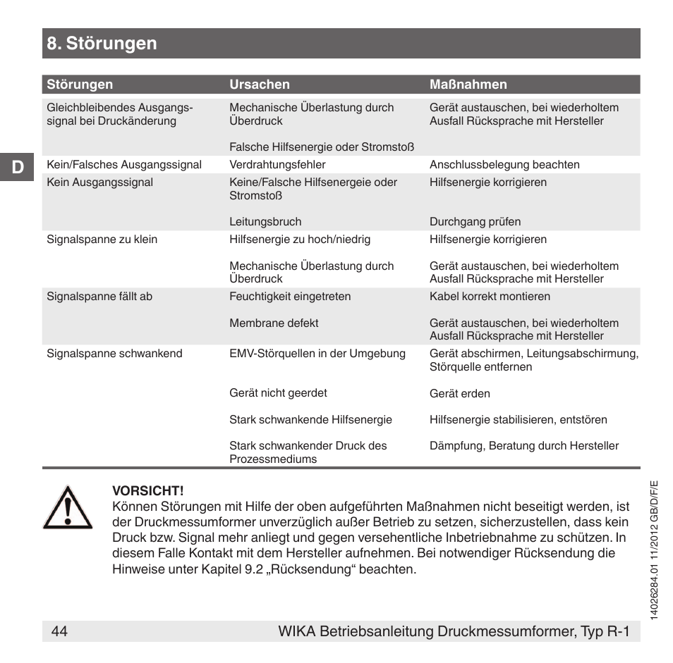 Störungen | WIKA R-1 User Manual | Page 44 / 92