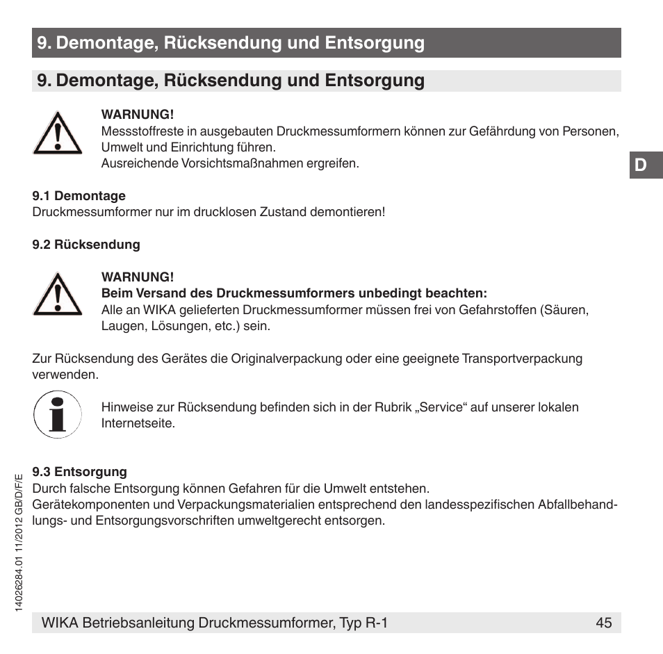 Demontage, rücksendung und entsorgung | WIKA R-1 User Manual | Page 45 / 92