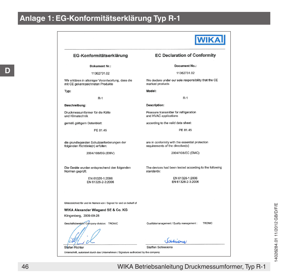 Anlage 1: eg-konformitätserklärung typ r-1 | WIKA R-1 User Manual | Page 46 / 92